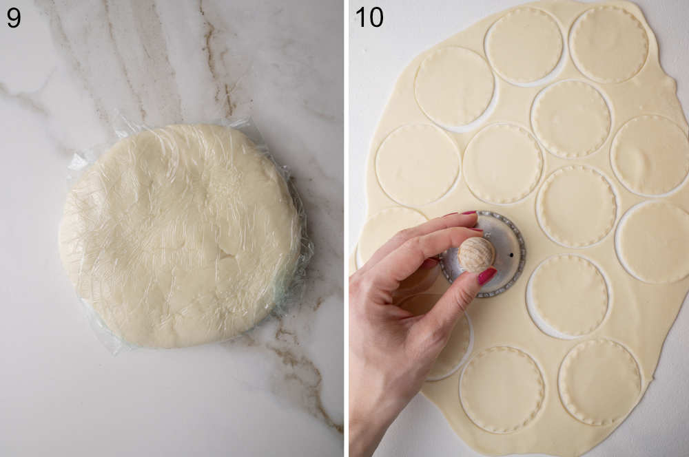 Pierogi dough wrapped in plastic foil. Rounds are being cut out of a rolled out pierogi dough.