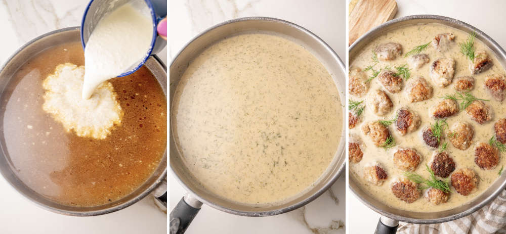 A collage of three photos showing how to make dill sauce for meatballs.