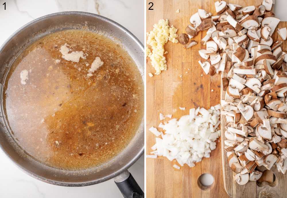 Broth in a frying pan. Chopped mushrooms and onion on a wooden board.