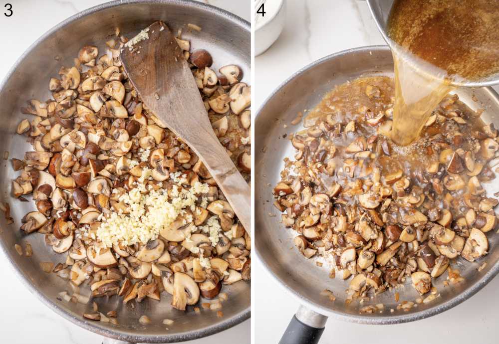 Sauteed mushrooms in a pan. Broth is being added to mushrooms in a pan.
