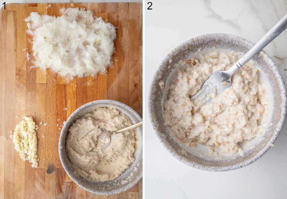 Panade in a bowl. grated onion and chopped garlic on a wooden board.
