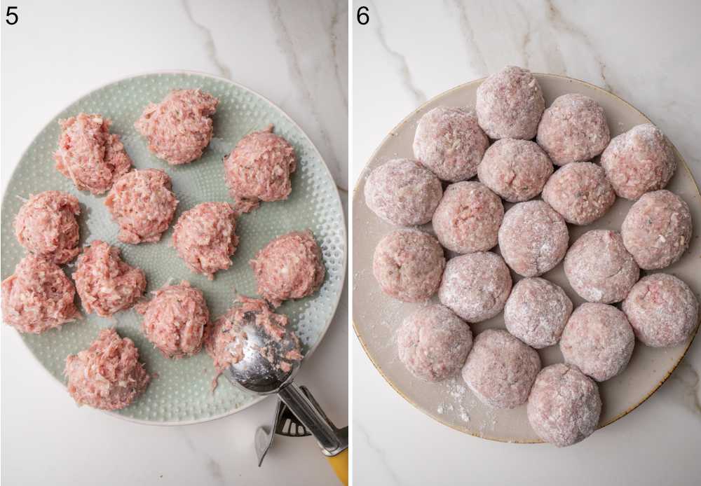 Meat mixture is being scooped with an ice cream scoop onto a plate. Prepared meatballs ready to fry, coated in flour on a plate.