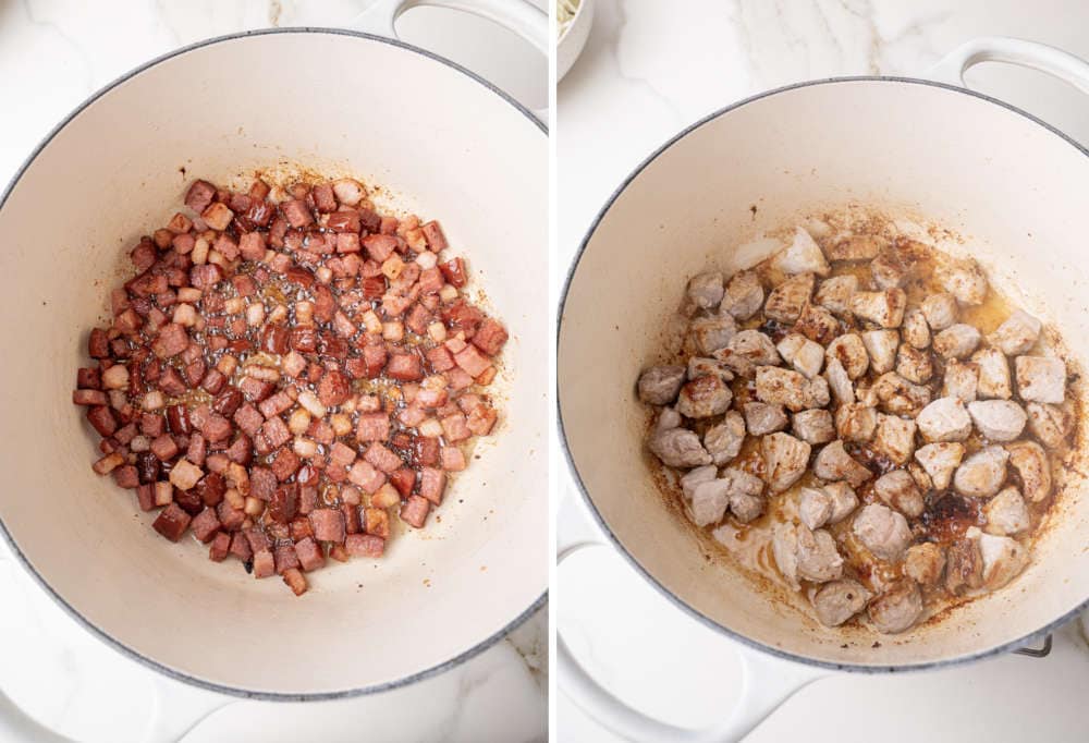 Cooked bacon, sausage, and pork chunks in a pot.