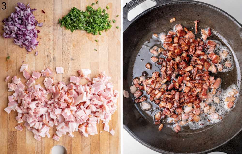 Chopped bacon, onions, and chives on a wooden board. Fried bacon in a pan.