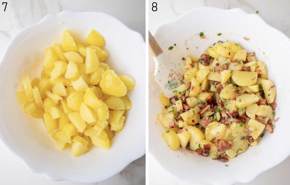 Peeled and chopped potatoes in a bowl. Potatoes are being tossed with bacon vinaigrette in a bowl.