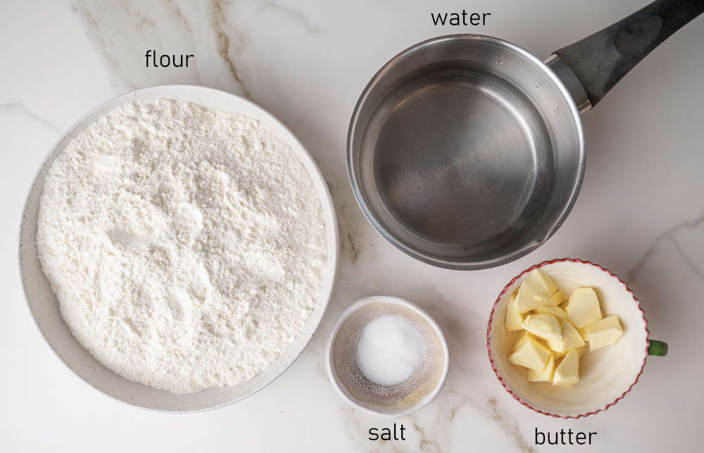 Labeled ingredients for pierogi dough.