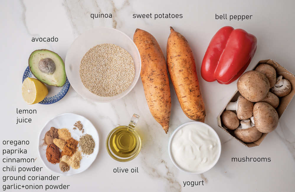 Labeled ingredients for sweet potato quinoa bowls.