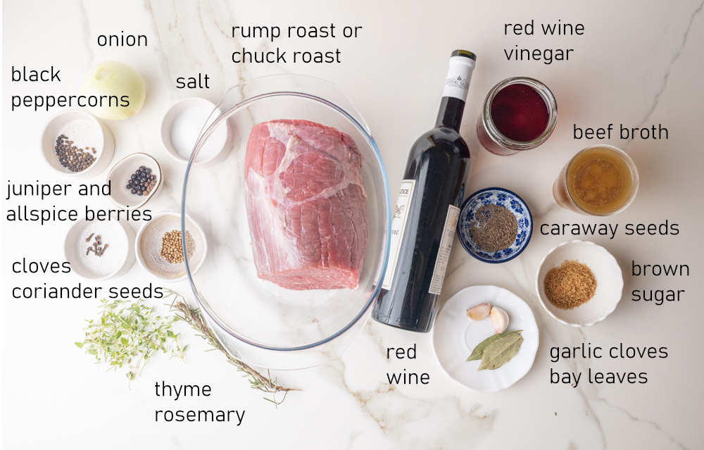 Labeled ingredients for the marinade for Sauerbraten.