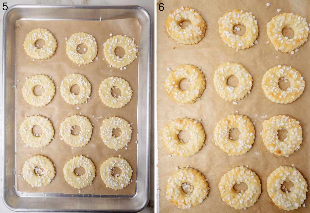 Cookies ready to be baked on a baking sheet lined with parchment paper. Cooked cookies on parchment paper.