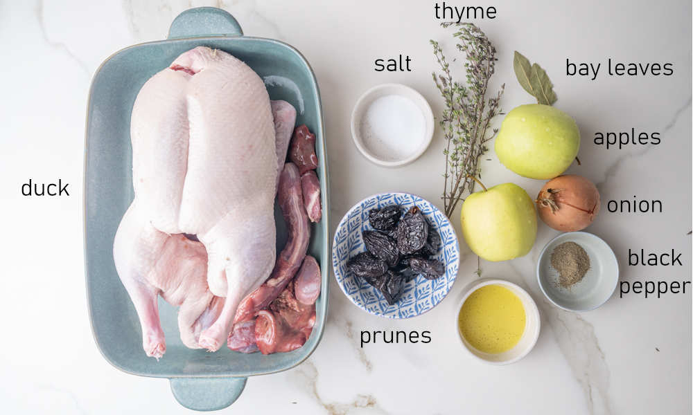 Labeled ingredients for Danish Christmas Duck.