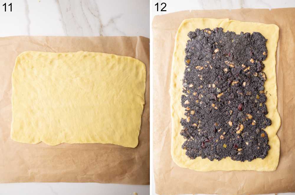 Rolled out yeast dough. Yeast dough with poppy seed filling on top.