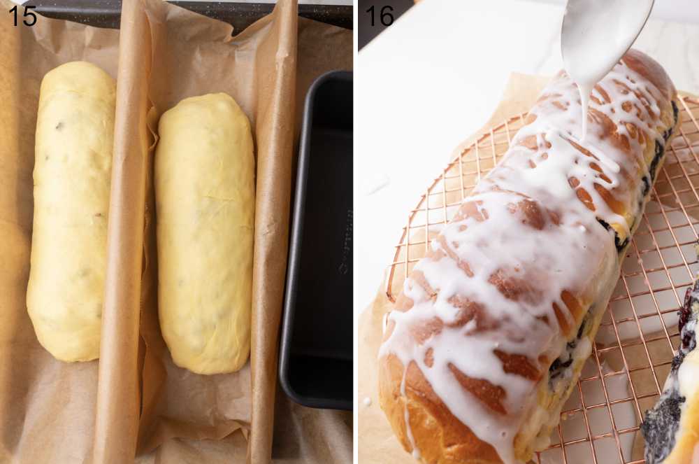 Poppy seed rolls on a parchment paper ready to be baked. Baked poppy seed roll is being poured with a glaze.