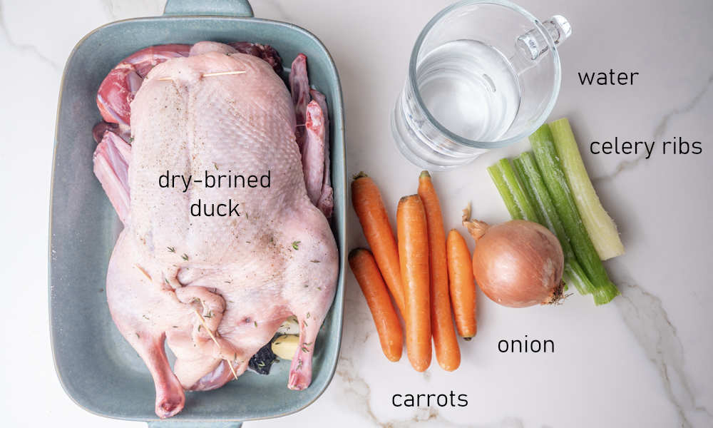 Labeled ingredients for the roasting pan for a duck roast.
