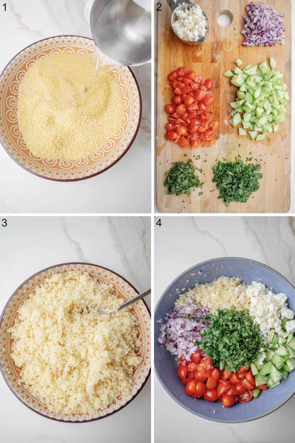 A collage of 4 photos showing how to make couscous salad step-by-step.