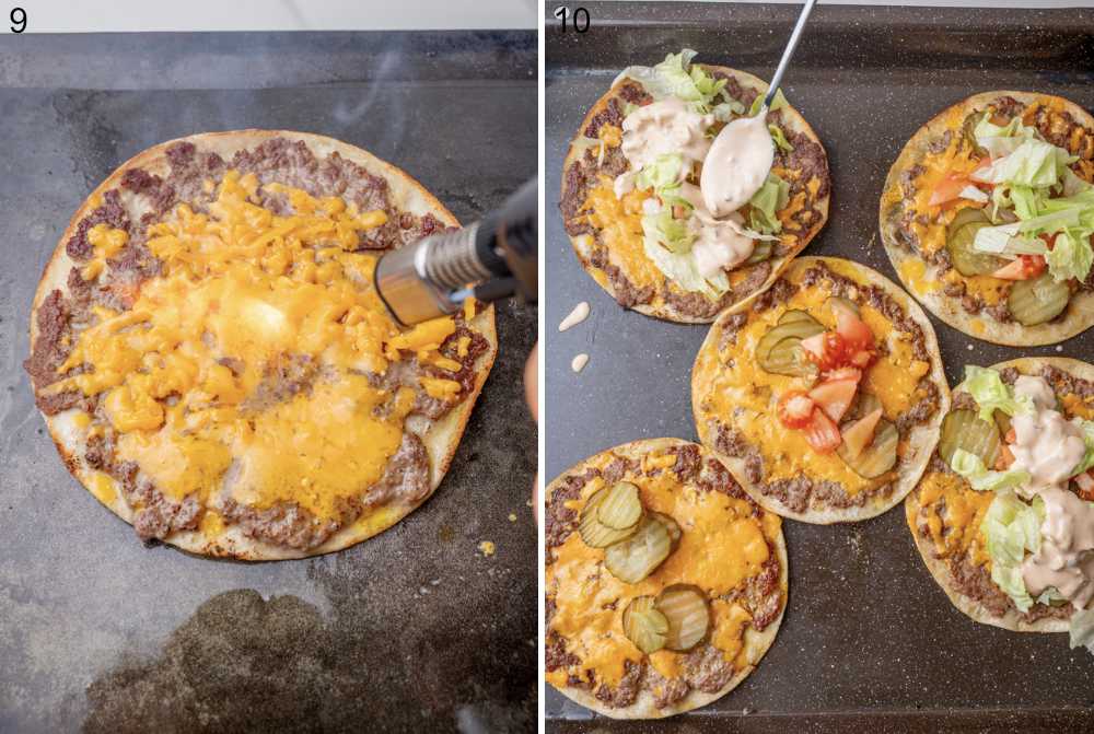 Cheese on a tortilla is melted with a torch. Assembling of tacos on a baking sheet.