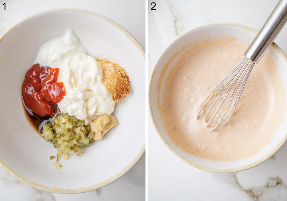 Ingredients for burger sauce in a white bowl. Burger sauce whisked with a whisk in a bowl.