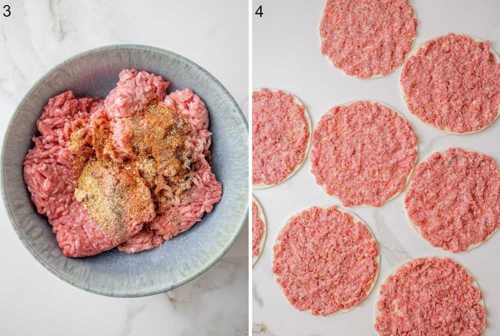 Ground beef with spices in a bowl. Beef mixture spread over tortillas.